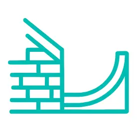 A teal line drawing of a stylized brick wall with two slanted beams and a curved structure to the right.