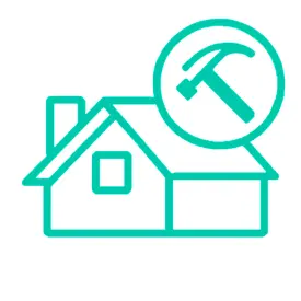 Simple outline of a house with a hammer icon inside a circle above the roof, suggesting home repair or construction.