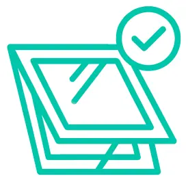 A stack of rectangular papers or documents with a checkmark in a circle above them, indicating approval or completion.